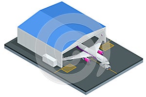 Isometric passenger aircraft on maintenance of engine and fuselage repair in airport hangar. Repair and maintenance of