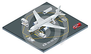 Isometric passenger aircraft on maintenance of engine and fuselage repair. Repair and maintenance of mechanical parts