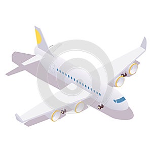 Isometric passenger plane standing at the airport with landing gears lowered