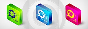 Isometric Paw print icon isolated on grey background. Dog or cat paw print. Animal track. Square button. Vector photo