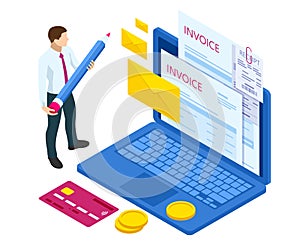 Isometric pay bills online concept. Modern technology and online transaction. Online Card Payment. Money transfer