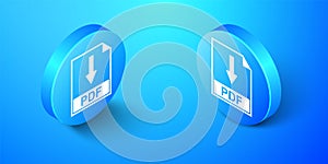 Isometric PDF file document icon isolated on blue background. Download PDF button sign. Blue circle button. Vector