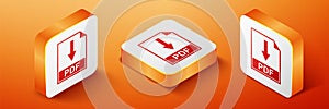 Isometric PDF file document icon isolated on orange background. Download PDF button sign. Orange square button. Vector