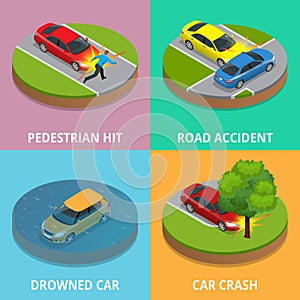 Isometric pedestrian hit, road accident, drowned car and car crash concept