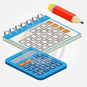 Isometric pencill, calendar and calculator on white background.