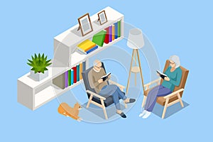 Isometric pensioners at home reading books, sitting in armchairs. Senior man in glasses reading book