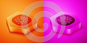 Isometric Pentagram in a circle icon isolated on orange and pink background. Magic occult star symbol. Hexagon button