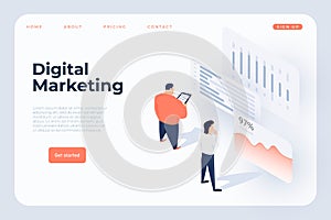 Isometric people analyze the statistic graphs, isometric characters have an interact with graphs, statistic charts, diagram.