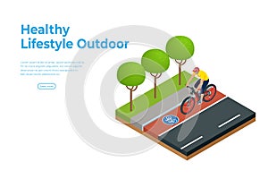 Isometric people on bicycle ride on the bicycle lane. Healthy Lifestyle Outdoor. Bike path.