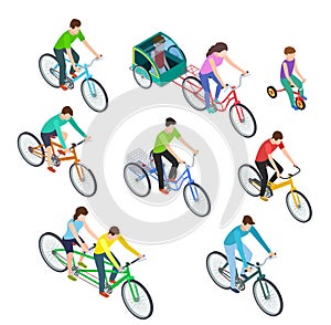 Isometric people bike. Man woman riding bikes outdoor, bicyclists. Active family biking. Cyclist bicycle 3d vector