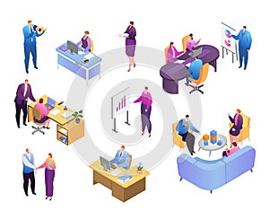Isometric people in business office vector illustration set, cartoon 3d businessman and businesswoman work icons