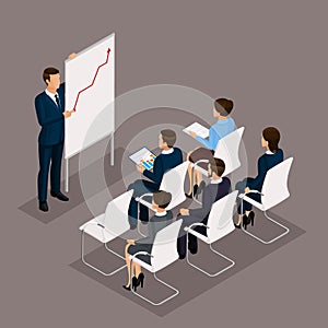 Isometric people, businessmen 3D business woman. Education, business training. Working in the office, office workers on a dark
