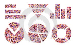 Isometric people chart. Bar and line graphs, pie charts for demographic, customer or community infographic visualization