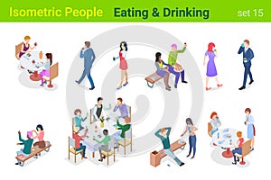 Isometric People eating and Drinking in Restaurant or Outdoor flat vector collection.