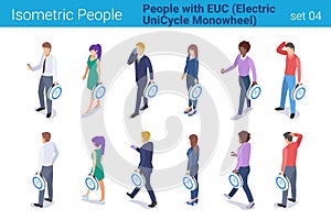 Isometric People with Electric Unicycle Monowheel flat vector collection. Men and Women walk with EUC