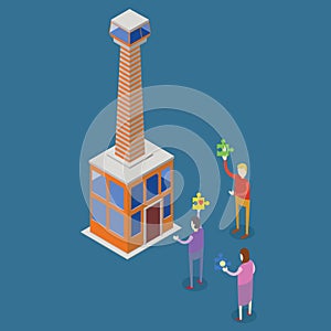 Isometric people entering a tower building