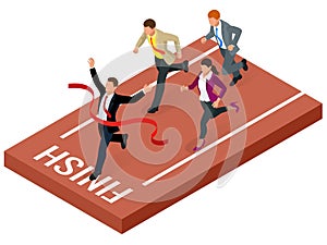 Isometric people. Entrepreneur businessman leader. Businessman and his business team crossing finish line and tearing