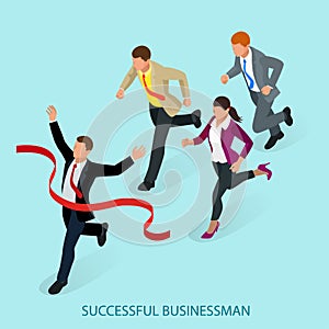 Isometric people. Entrepreneur businessman leader. Businessman and his business team crossing finish line and tearing