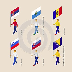 Isometric people with flags: Serbia, Moldova, Slovenia, Slovakia