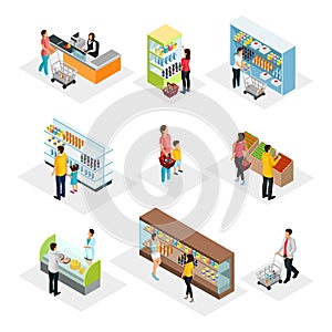 Isometric People In Grocery Shop Set
