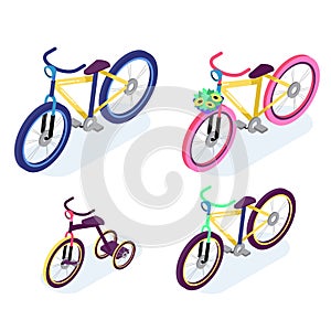 Isometric People. Isometric Bicycle . Family Cyclists group riding bicycle. Cyclist icon.