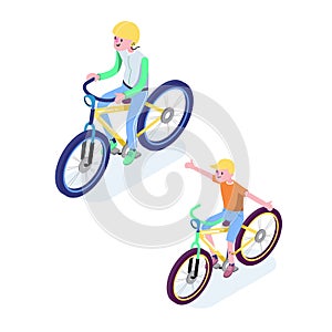 Isometric People. Isometric Bicycle isolated. Cyclist icon. 3D Flat isometric people set cyclist bicycle icons