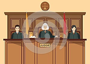 Isometric people judicial system set with Three judges sitting