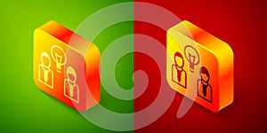 Isometric People with lamp bulb icon isolated on green and red background. Concept of idea. Square button. Vector