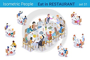 Isometric People sitting at Table Eating and Talking in Restaurant flat vector collection