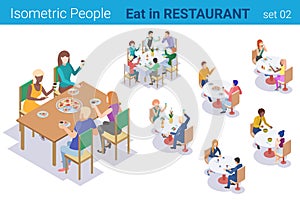 Isometric People sitting at Table Eating and Talking in Restaurant flat vector collection