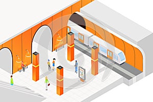 Isometric people standing on platform and waiting for train in city metro subway vector illustration.