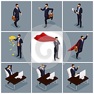 Isometric people vector, 3d businessmen office work, business scene related to young businessman, concept of a working businessman