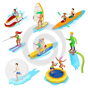 Isometric People on Water Activity. Woman Surfer, Kayaking, Man on Flyboard and Water Skiing