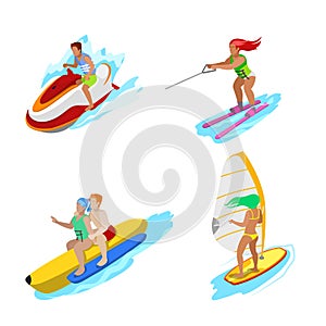 Isometric People on Water Activity. Woman Surfer, Water Skiing, Man Hydrocycle