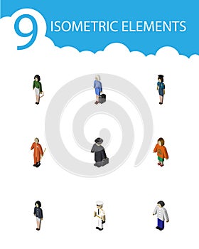 Isometric Person Set Of Cleaner, Seaman, Girl And Other Vector Objects. Also Includes Man, Woman, Boy Elements.