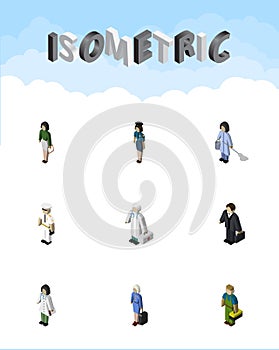 Isometric Person Set Of Doctor, Housemaid, Policewoman And Other Vector Objects. Also Includes Human, Lady, Hospital