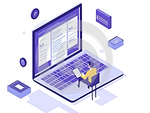 isometric person working laptop interface design software development