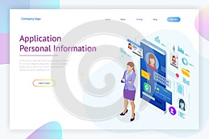 Isometric Personal Data Information App, Identity Private Concept. Digital data Secure Banner. Biometrics technology