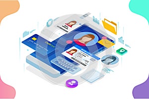 Isometric Personal Data Information App, Identity Private Concept. Digital data Secure Banner. Biometrics technology