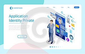 Isometric Personal Data Information App, Identity Private Concept. Digital data Secure Banner. Biometrics technology