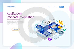 Isometric Personal Data Information App, Identity Private Concept. Digital data Secure Banner. Biometrics technology