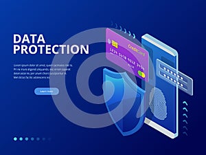 Isometric personal data protection web banner concept. Cyber security and privacy. Traffic Encryption, VPN, Privacy