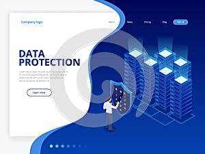 Isometric personal data protection web banner concept. Cyber security and privacy. Traffic Encryption, VPN, Privacy