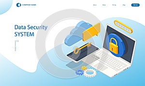 Isometric personal data protection web banner concept. Cyber security and privacy. Traffic Encryption, VPN, Privacy