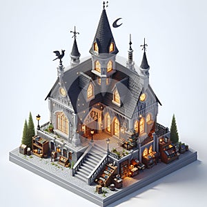 Isometric perspective of a magic wizards house, with 3D render, cinematic, monomer building, realistic style, games design