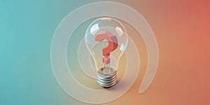 Isometric perspective shows a stylized light bulb containing a sharp, angular question mark against a flat color background.