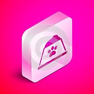 Isometric Pet food bowl for cat or dog icon isolated on pink background. Dog or cat paw print. Silver square button