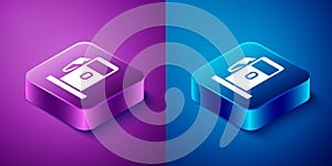 Isometric Petrol or Gas station icon isolated on blue and purple background. Car fuel symbol. Gasoline pump. Square