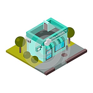 Isometric pharmacy building vector illustration.