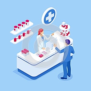 Isometric Pharmacy Store and Doctor pharmacist and patient. Woman pharmacist holding prescription checking medicine in